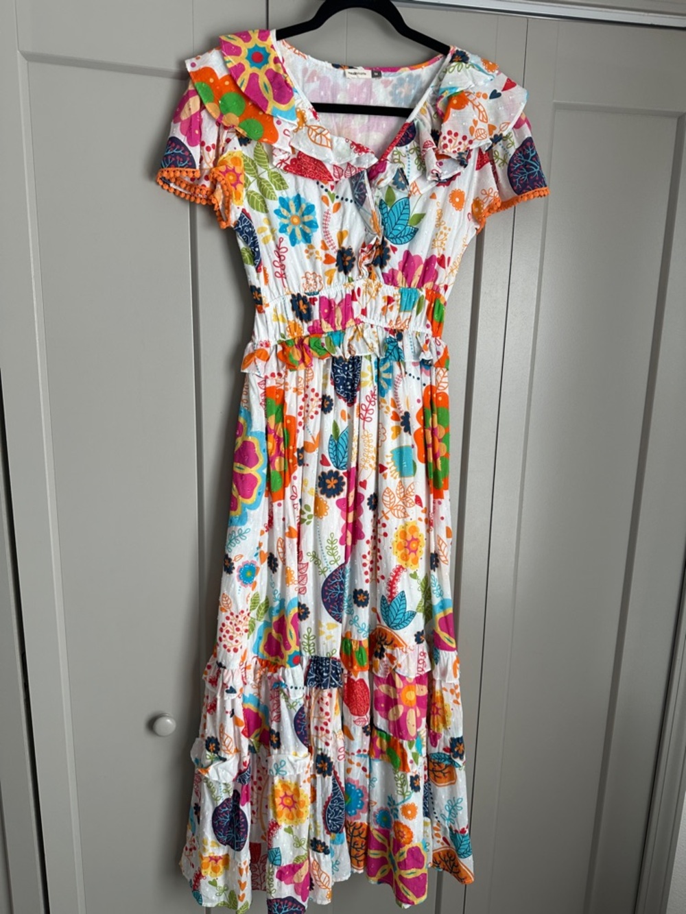 Floral Tiered Midi Dress - White with Multicolor Floral Print